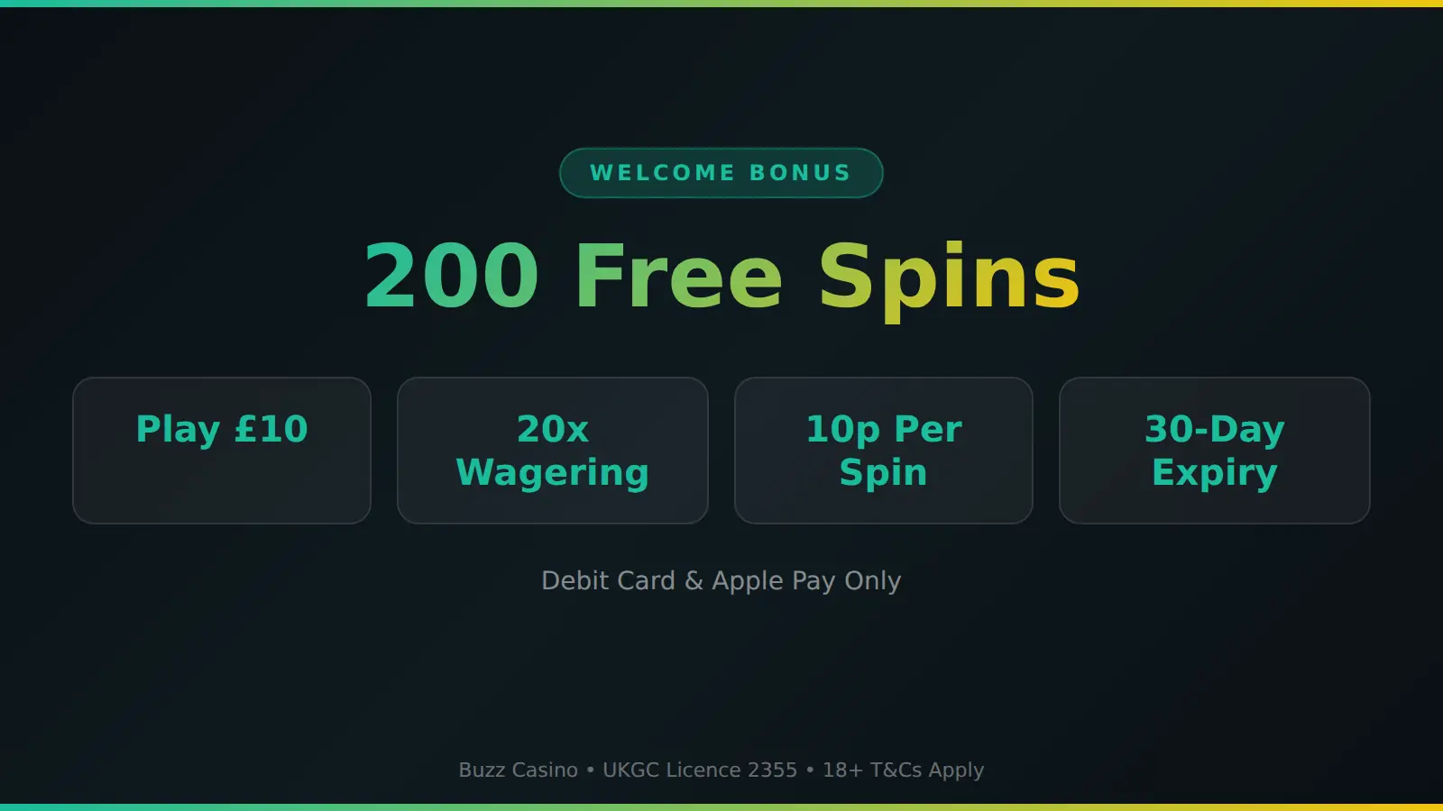 Buzz Casino welcome bonus — 200 free spins, 20x wagering